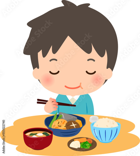 野菜中心の和食を食べる男性