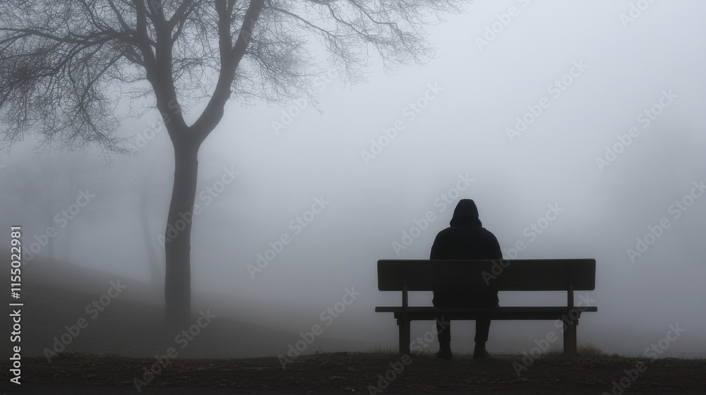 Solitary figure sitting on a park bench in thick fog, near a bare tree. Solitary figure sitting on a park bench in thick fog, near a bare tree.