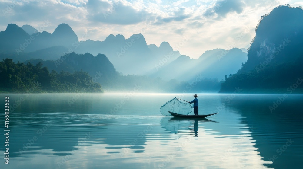 Solitary fisherman in a small boat on a tranquil lake, surrounded by misty mountains at sunrise. Solitary fisherman in a small boat on a tranquil lake, surrounded by misty mountains at sunrise.