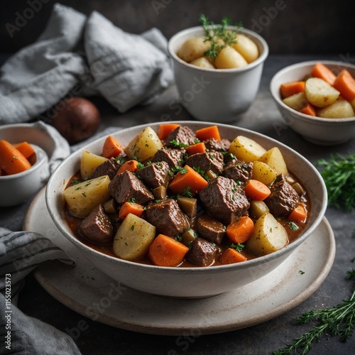 A serving of beef stew with carrots and potatoes in a white bowl.