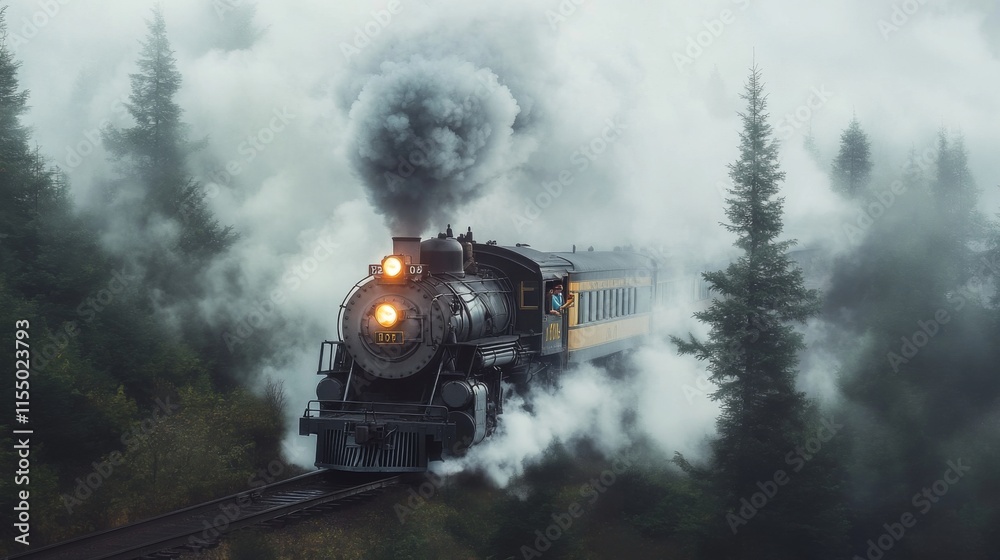 Fototapeta premium Steam train in misty forest, smoke billowing.