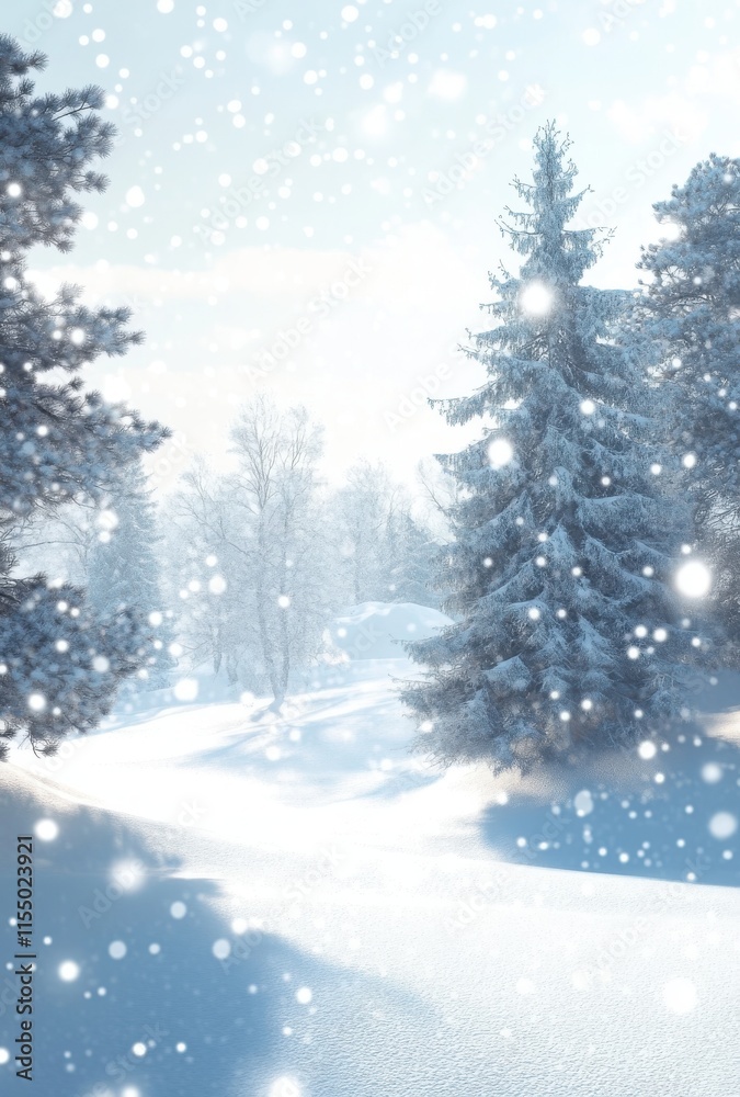 Fototapeta premium Serene Winter Landscape with Snowy Trees and Gentle Snowfall Creating a Dreamy Atmosphere in a Calm Natural Environment