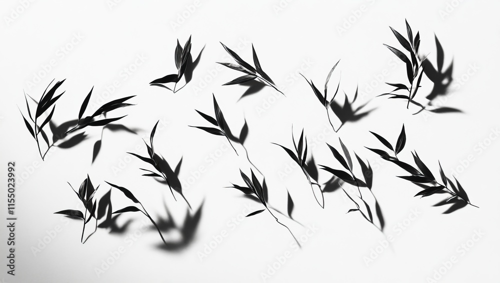 Naklejka premium Black and white image of scattered bamboo leaves and their shadows on a white background.