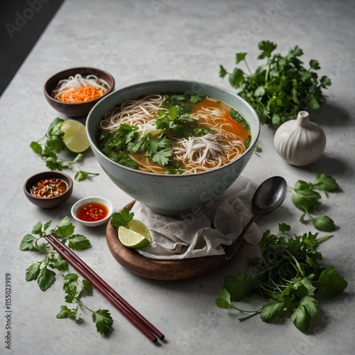 A bowl of pho soup with fresh herbs on a white tabletop.
