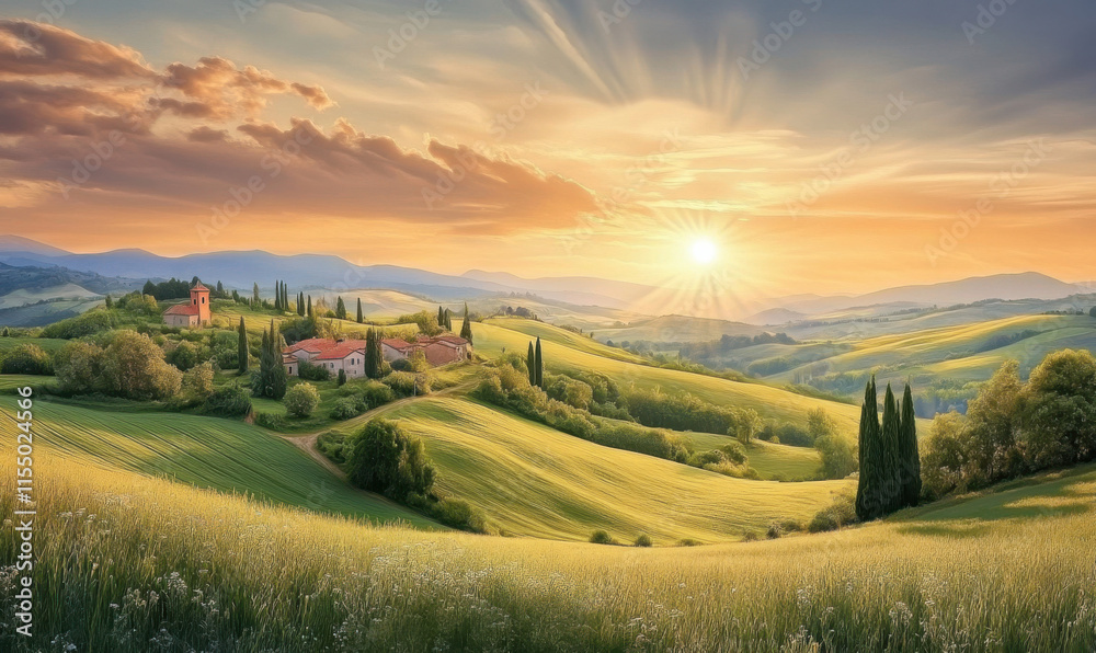Obraz premium Mountainous grasslands, golden sunlight shining on the earth at sunrise
