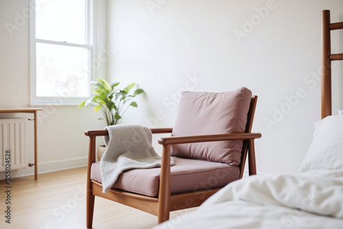Bedroom wooden floor armchair throw blanket mauve cushion
