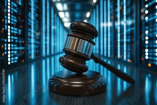 Digital Justice Gavel Server Room Blue Light Setting Technology Background