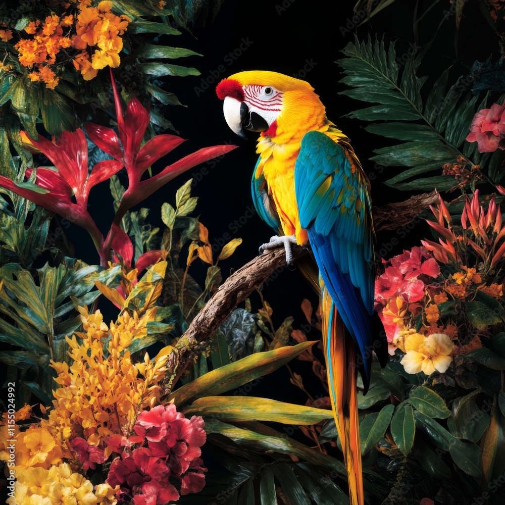 Fototapeta premium Vibrant blue-and-gold macaw perched on a branch amidst lush tropical flowers.
