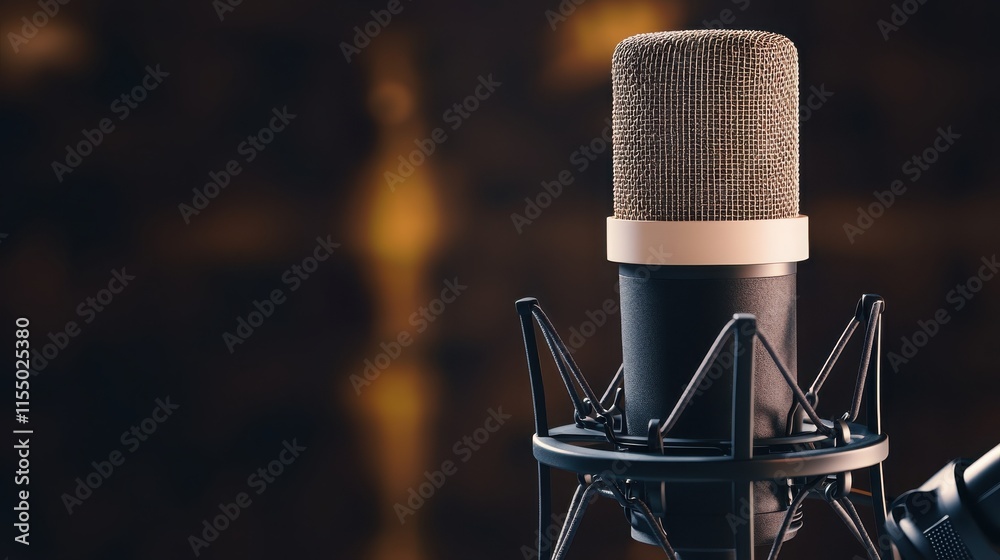 Voice and tone recording concept. Professional microphone on a stand with a blurred background. Voice and tone recording concept. Professional microphone on a stand with a blurred background.