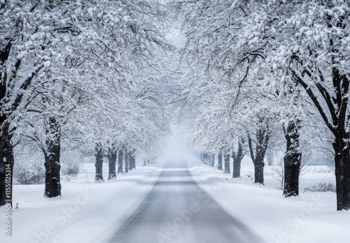 Serene Winter Road Surrounded by Snow-Covered Trees Creating a Dreamy Atmosphere of Tranquility and Natural Beauty in a Winter Wonderland Setting