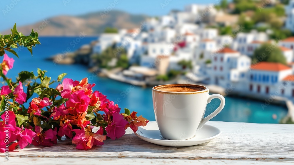 Espresso Coffee Mediterranean Coastal View Pink Flowers Espresso Coffee Mediterranean Coastal View Pink Flowers