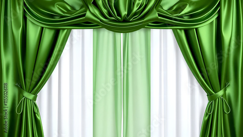 A stage with green and red velvet curtains draped for a theater performance, creating a decorative backdrop for a movie or show photo