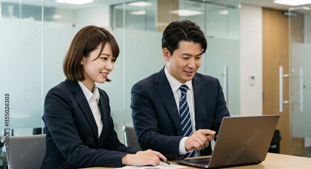 Corporate Training: Japanese Young Woman and Male Mentor Collaborating on a Business Project with a Laptop Corporate Training: Japanese Young Woman and Male Mentor Collaborating on a Business Project with a Laptop