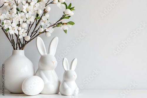 This charming Easter decor highlights white ceramic bunnies, a colorful painted egg, and spring blossoms in a minimalist vase, creating a serene atmosphere for the holiday celebration photo