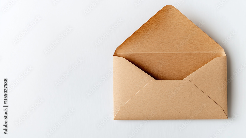 Open Kraft Paper Envelope on Clean White Surface Open Kraft Paper Envelope on Clean White Surface