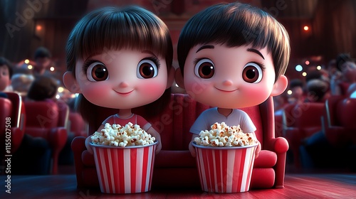 Adorable cartoon kids enjoying popcorn at cinema.