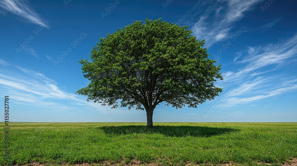 Lush green tree stands alone in a vast, grassy field under a vibrant blue sky with wispy clouds. Perfect for illustrating themes of nature, peace, solitude, or environmental conservation. Lush green tree stands alone in a vast, grassy field under a vibrant blue sky with wispy clouds. Perfect for illustrating themes of nature, peace, solitude, or environmental conservation.
