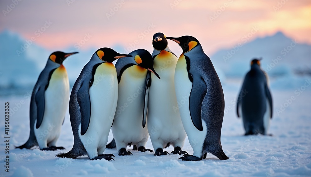 Fototapeta premium Group of emperor penguins on snowy terrain at sunset.