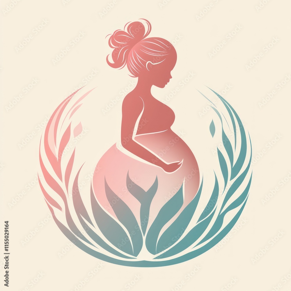 Pregnant woman silhouette, surrounded by stylized leaves and floral design, in a soft, muted color palette. Pregnant woman silhouette, surrounded by stylized leaves and floral design, in a soft, muted color palette.