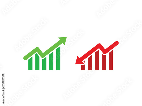 Financial arrows up and down. Graph going Up and Down sign with green and red arrows vector. Flat design illustration concept of sales bar chart symbol icon with arrow moving