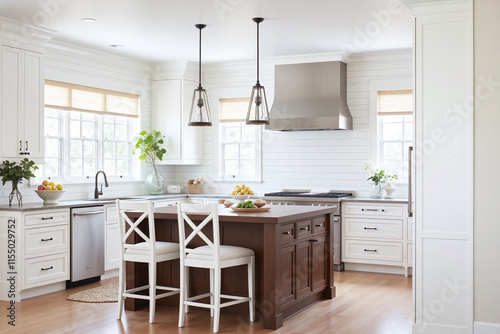 Kitchen shiplap paneling island chair range hood coastal