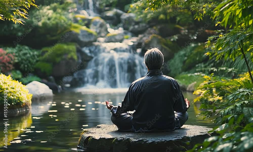 A serene scene of meditation by a tranquil waterfall in a lush garden. A serene scene of meditation by a tranquil waterfall in a lush garden.
