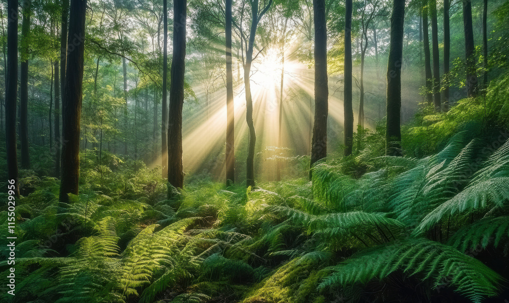 Fototapeta premium The sun shines on the forest