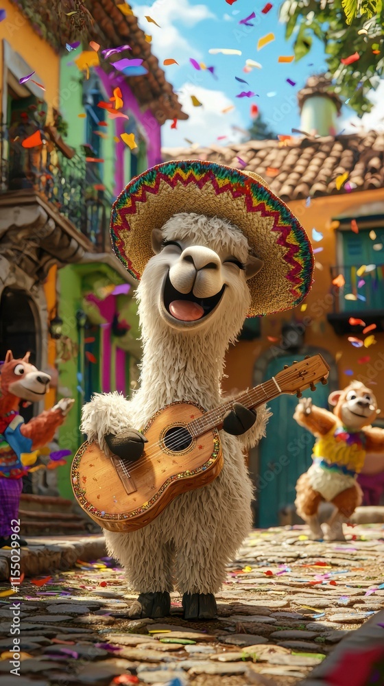 Fototapeta premium A happy alpaca plays guitar in a festive celebration. AI.