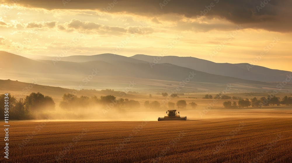 Fototapeta premium Tractor Performing Agriculture Work in Golden Sunset Landscape