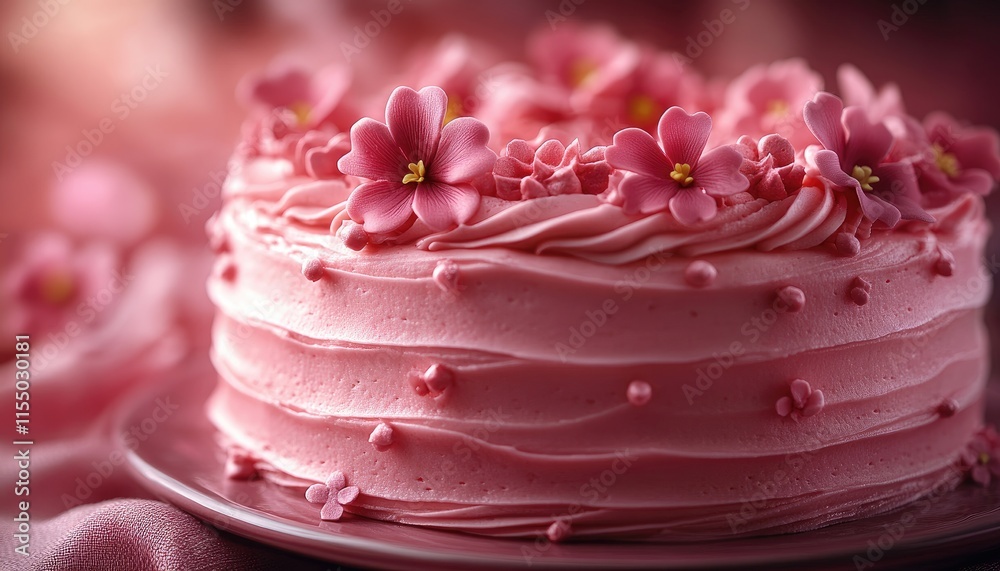 Pink floral cake, decorated with frosting. Perfect for Valentine's, Mother's Day, or birthday themes. Pink floral cake, decorated with frosting. Perfect for Valentine's, Mother's Day, or birthday themes.