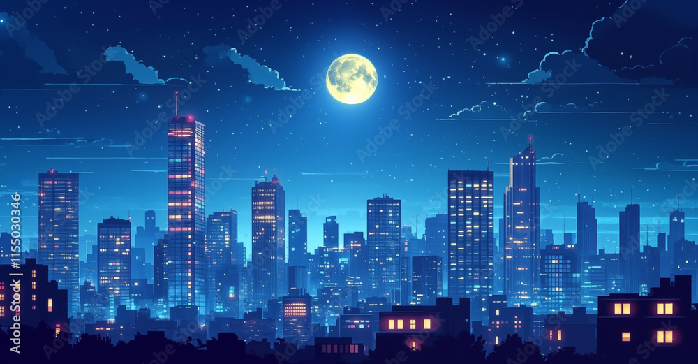 cartoon bustling city illustration at night
