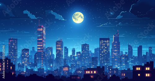 cartoon bustling city illustration at night
