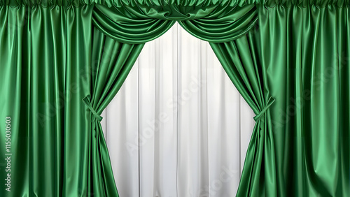 The green curtains frame the stage like a dramatic backdrop for the theater performance