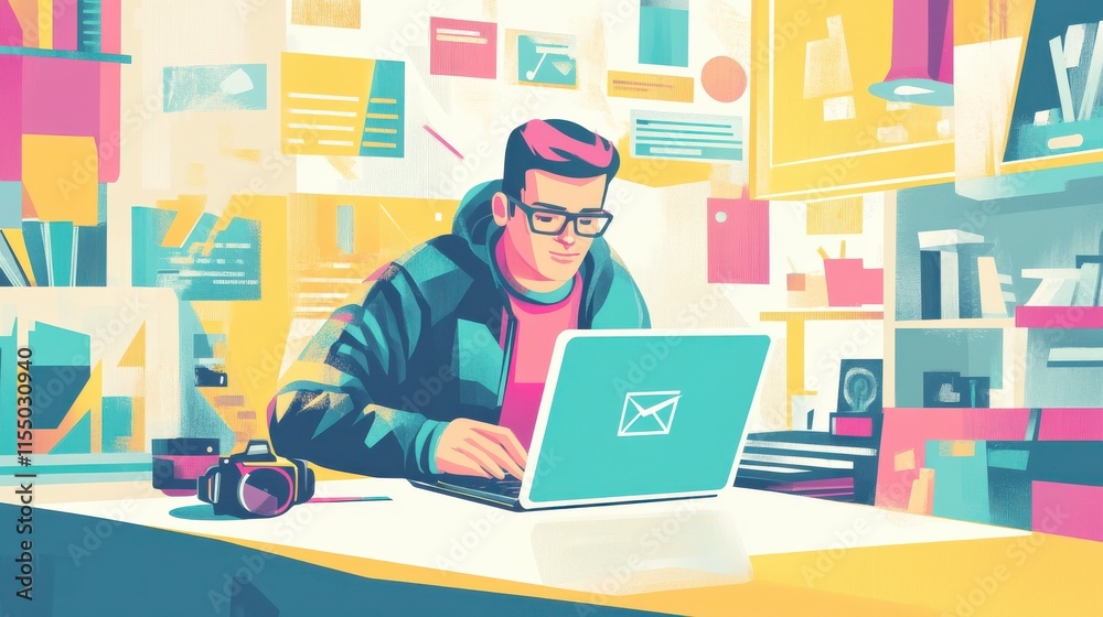 Young Man Working on Laptop in Vibrant Modern Home Office Young Man Working on Laptop in Vibrant Modern Home Office