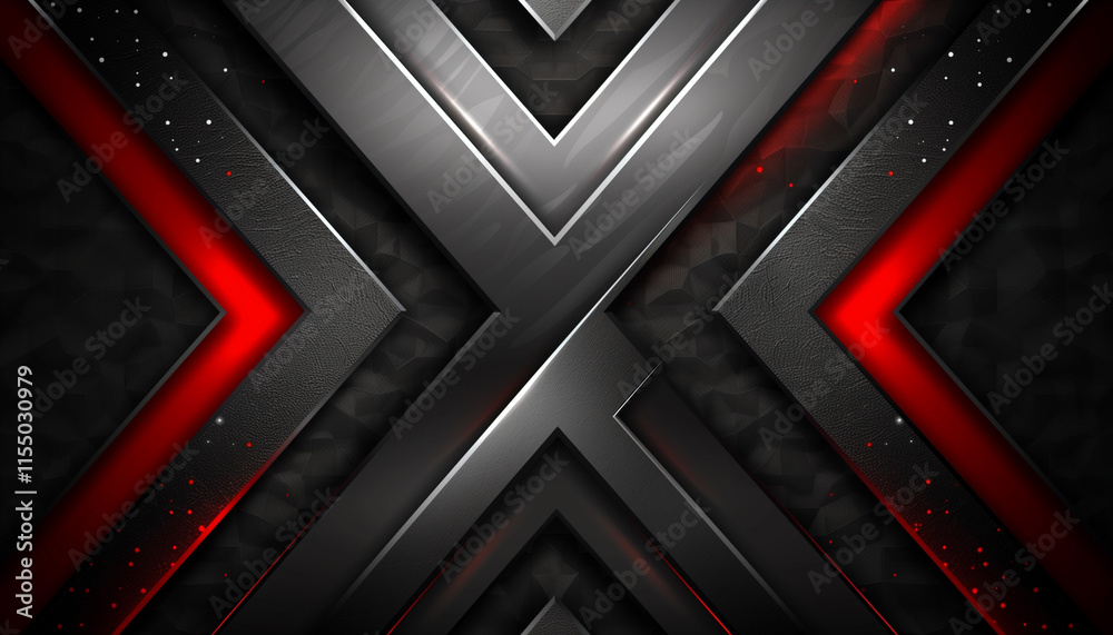 Futuristic technology abstract background featuring dark metallic chevrons and glowing red accent Futuristic technology abstract background featuring dark metallic chevrons and glowing red accent