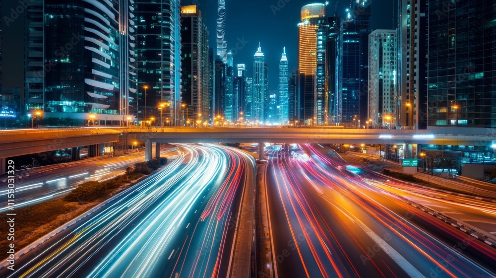 Naklejka premium Night Cityscape with Bright Lights and Action Shots