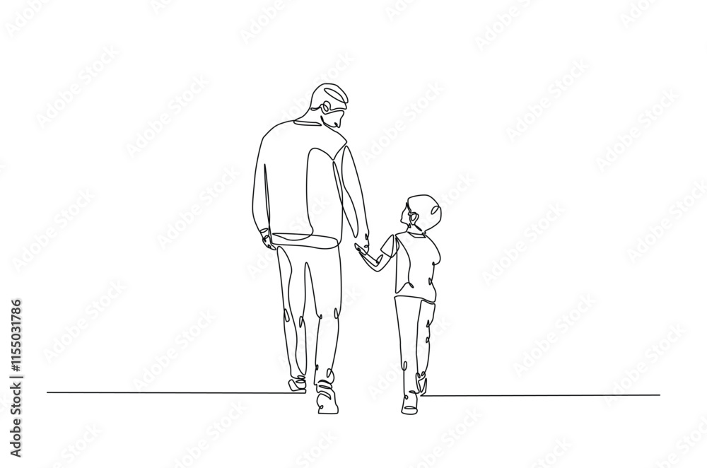 Dad and son walking together continuous one line drawing. Father's day concept in single line art illustration. Editable vector. Dad and son walking together continuous one line drawing. Father's day concept in single line art illustration. Editable vector.