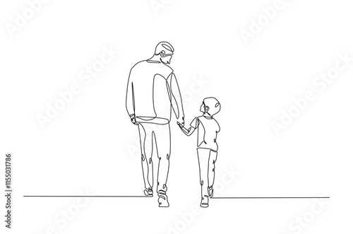 Dad and son walking together continuous one line drawing. Father's day concept in single line art illustration. Editable vector.