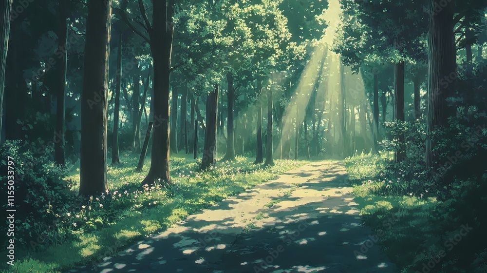 Obraz premium Vivid anime style afternoon forest illustration with soft light and lush trees, enchanting scenic background in fantasy landscape art
