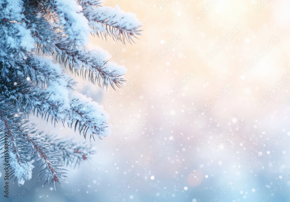 Snow-Covered Pine Branch with Soft Focus Background and Gentle Snowfall Creating a Dreamy Winter Wonderland Atmosphere for Seasonal Imagery Snow-Covered Pine Branch with Soft Focus Background and Gentle Snowfall Creating a Dreamy Winter Wonderland Atmosphere for Seasonal Imagery