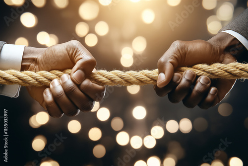 Two hands pulling on opposite sides of a rope in a symbolic tug of war, illuminated by festive lights, representing competition and determination. photo