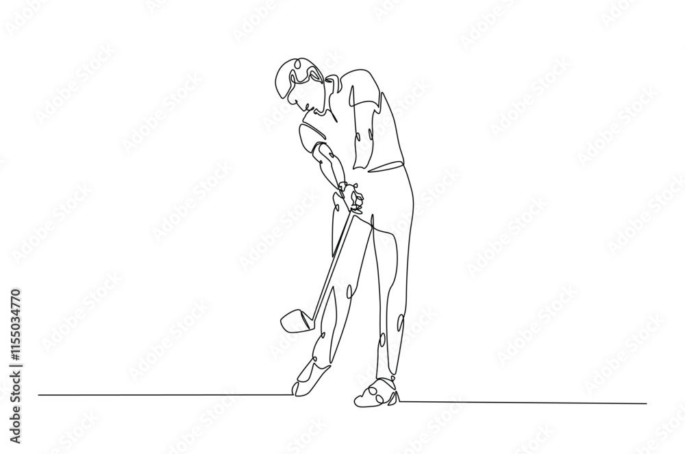 Obraz premium Man playing golf continuous one line drawing. professional golfer swinging the stick in single line art illustration. Editable vector.