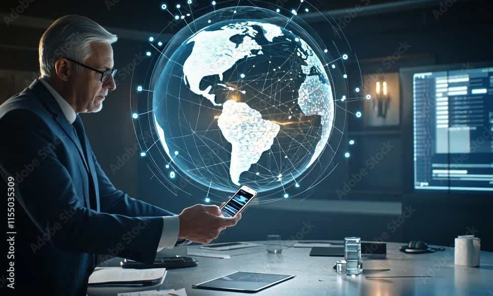 Global Businessman Analyzing Data on Smartphone with Holographic Globe
