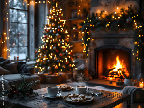 Cozy Christmas Interior with Warm Fireplace and Decorated Tree