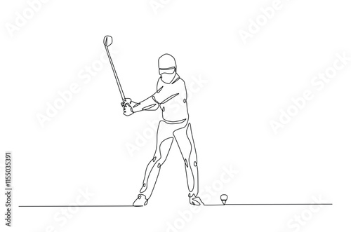 Man playing golf continuous one line drawing. professional golfer swinging the stick in single line art illustration. Editable vector.