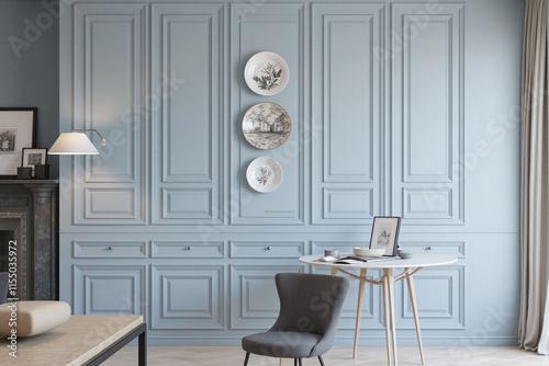 Interior space blue gray wall decorative plates art pieces