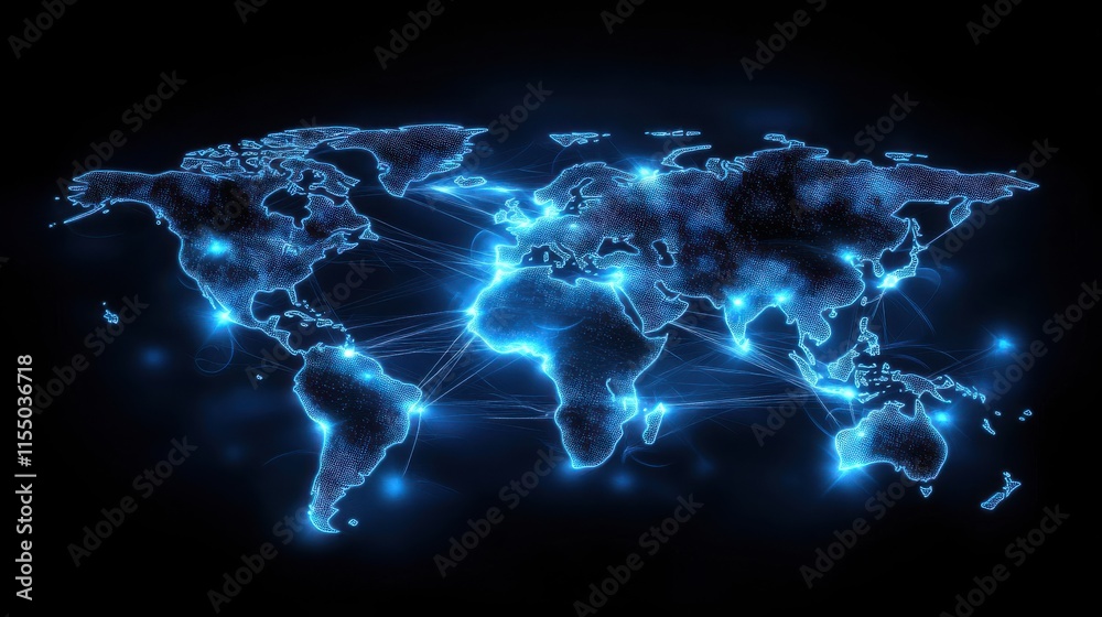 Futuristic Digital World Map with Neon Connections and Glow Effects Futuristic Digital World Map with Neon Connections and Glow Effects