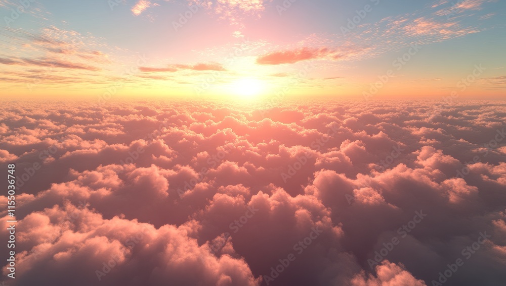Aerial view of a vibrant sunset above a sea of clouds. Aerial view of a vibrant sunset above a sea of clouds.