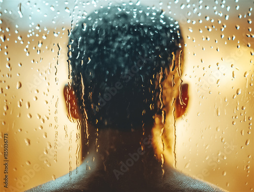 A silhouette of a person standing in the rain, illuminated by warm golden light, with water drops falling all around, creating a serene atmosphere. photo