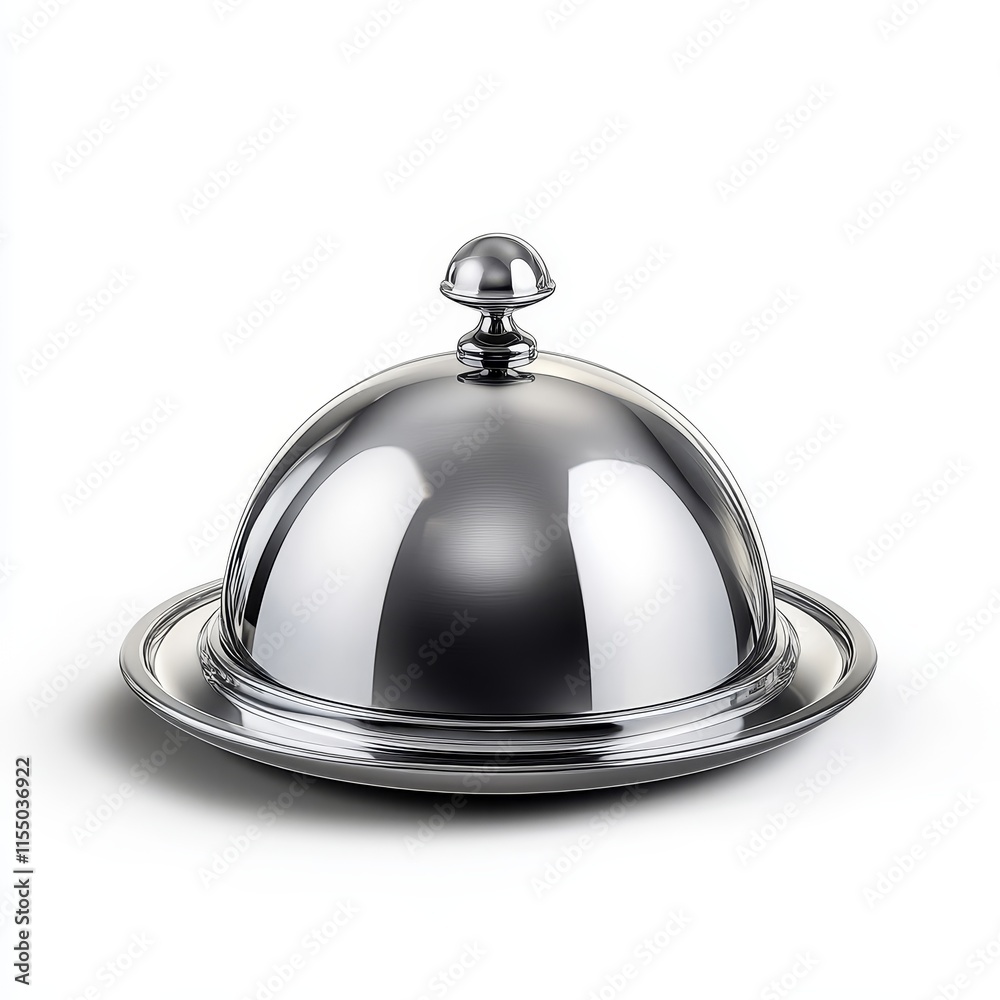 Polished silver dome-shaped food cover with a small knob on top and a circular base. Polished silver dome-shaped food cover with a small knob on top and a circular base.